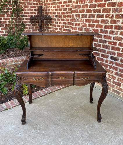 Antique French Desk Writing Table Entry Hall Louis XV Style Carved Oak Hoof Feet