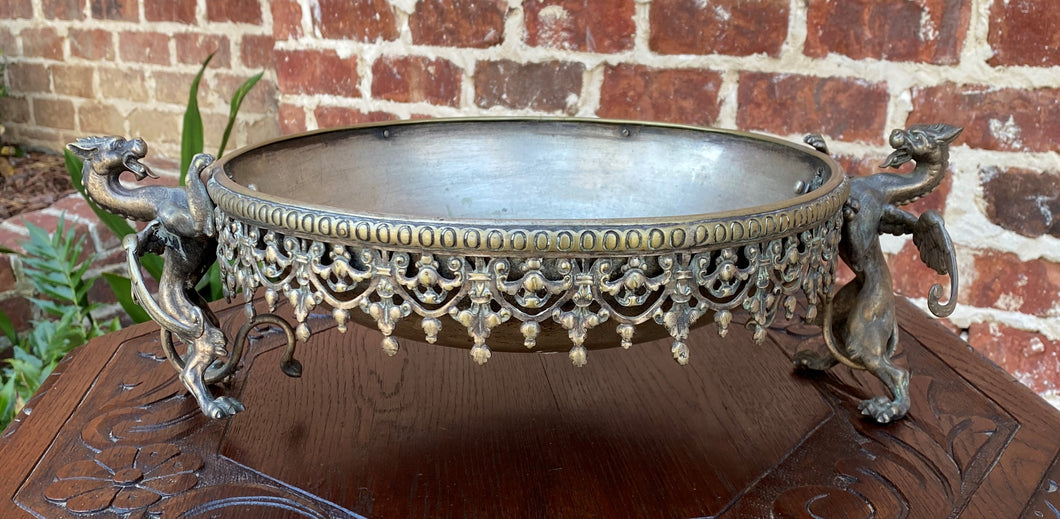 Antique Silvered Bronze Bowl Dragons Griffins Renaissance Revival Centerpiece