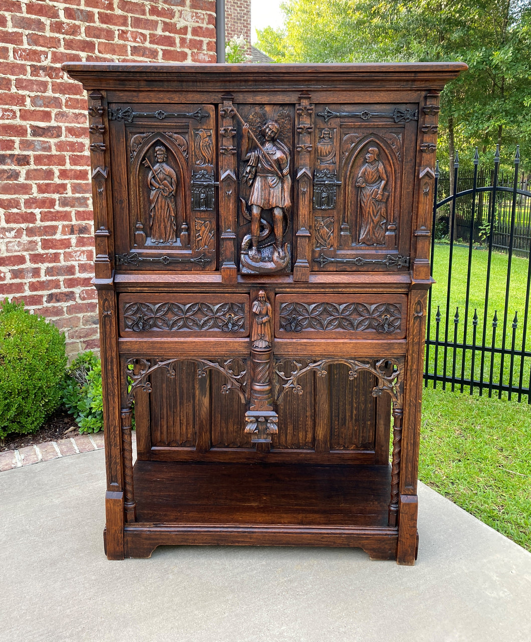 Antique French Cabinet Vestry Wine Sacristy Cabinet St George Dragon Oak GOTHIC