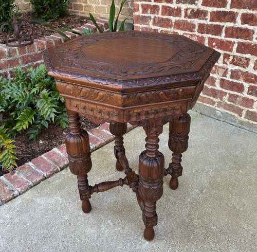 Antique French Octagonal Table Renaissance Revival Carved Oak 19th C