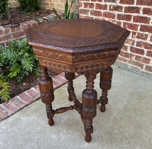 Antique French Octagonal Table Renaissance Revival Carved Oak 19th C