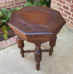 Antique French Octagonal Table Renaissance Revival Carved Oak 19th C