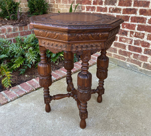 Antique French Octagonal Table Renaissance Revival Carved Oak 19th C