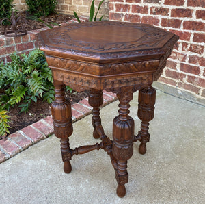 Antique French Octagonal Table Renaissance Revival Carved Oak 19th C