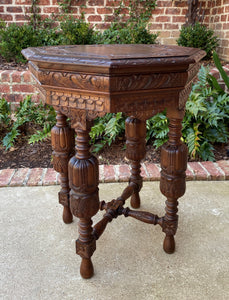 Antique French Octagonal Table Renaissance Revival Carved Oak 19th C