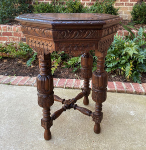 Antique French Octagonal Table Renaissance Revival Carved Oak 19th C