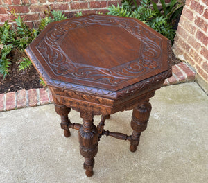 Antique French Octagonal Table Renaissance Revival Carved Oak 19th C