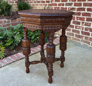 Antique French Octagonal Table Renaissance Revival Carved Oak 19th C