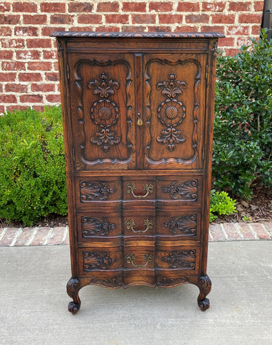 Antique French Chest Cabinet Over Drawers Louis XV Liege Petite Carved Oak 19thC