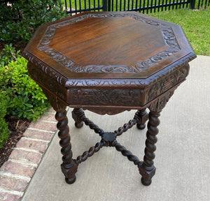 Antique French Table BARLEY TWIST Octagonal Renaissance Revival Carved Oak 19thC