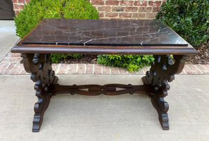 Antique French Renaissance Revival Coffee Table Bench Settee Marble Top Oak