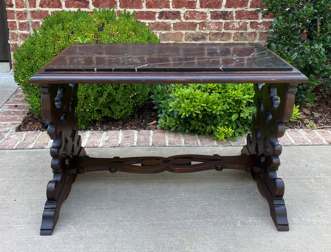 Antique French Renaissance Revival Coffee Table Bench Settee Marble Top Oak