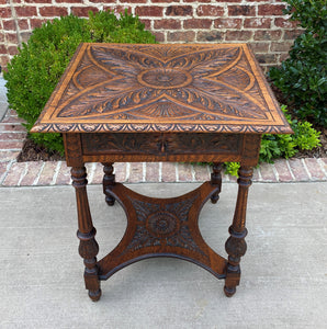 Antique English Side End Table Carved 2-Tier Nightstand Oak with Drawer Square