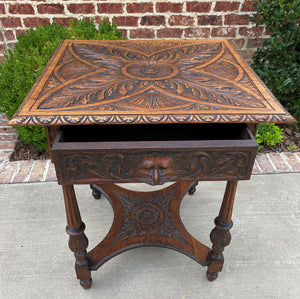 Antique English Side End Table Carved 2-Tier Nightstand Oak with Drawer Square