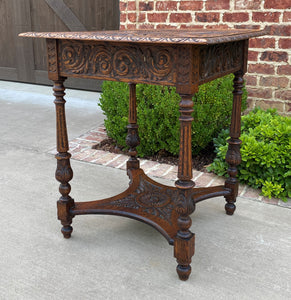 Antique English Side End Table Carved 2-Tier Nightstand Oak with Drawer Square