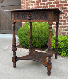 Antique English Side End Table Carved 2-Tier Nightstand Oak with Drawer Square