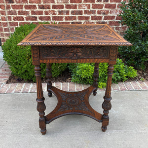 Antique English Side End Table Carved 2-Tier Nightstand Oak with Drawer Square