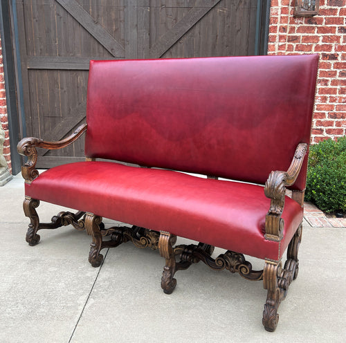 Antique Sofa Bench Settee Loveseat Chair Red Upholstery Oak Western Farmhouse