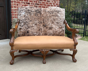 Antique Sofa Bench Settee Loveseat Cowhide Walnut Frame Western Farmhouse Lodge