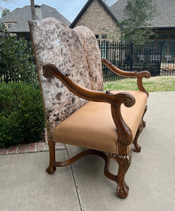 Antique Sofa Bench Settee Loveseat Cowhide Walnut Frame Western Farmhouse Lodge