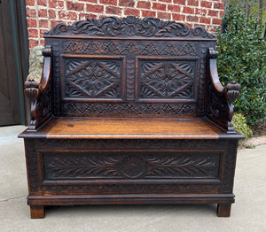 Antique English Bench Chair Settee Hall Bench Renaissance Revival Oak PETITE