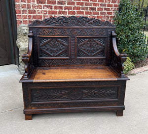 Antique English Bench Chair Settee Hall Bench Renaissance Revival Oak PETITE