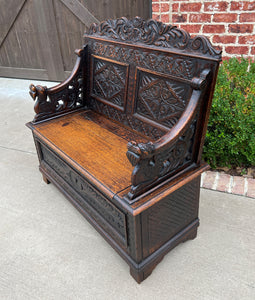 Antique English Bench Chair Settee Hall Bench Renaissance Revival Oak PETITE