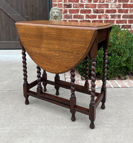 Antique English Table Drop Leaf Gateleg Barley Twist Oak MEDIUM End Table Oval#3