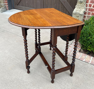 Antique English Table Drop Leaf Gateleg Barley Twist Oak MEDIUM End Table Oval#3
