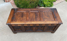Load image into Gallery viewer, Antique French Trunk Blanket Box Coffee Table Oak Gothic Revival Strap Hinges