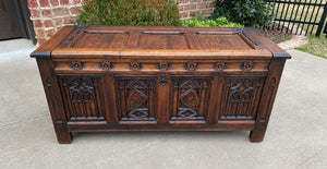 Antique French Trunk Blanket Box Coffee Table Oak Gothic Revival Strap Hinges