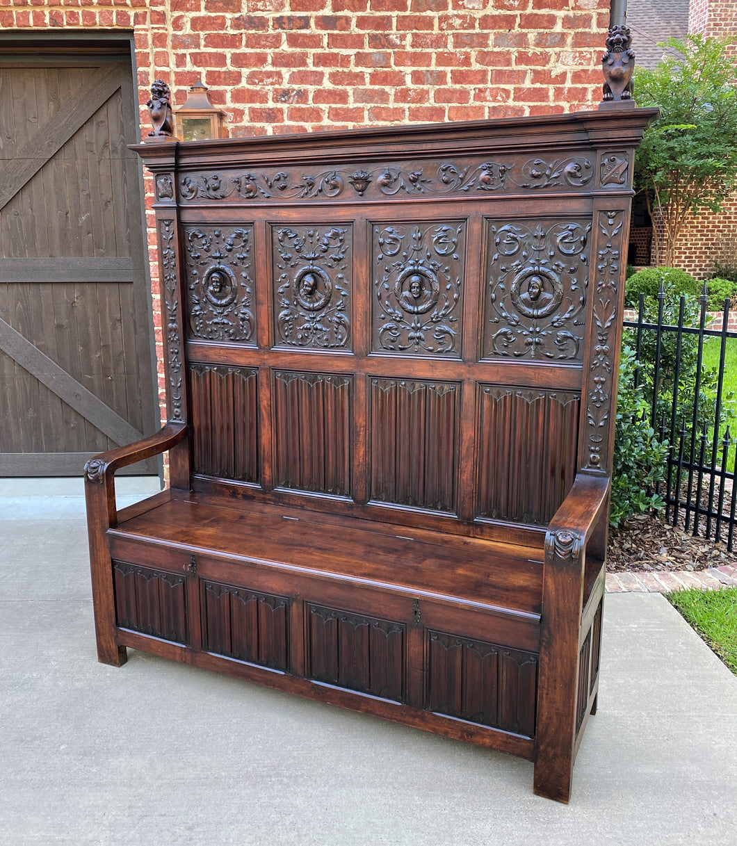 Antique French Bench Settee Banquette GOTHIC REVIVAL Walnut Entry Foyer TALL 19C