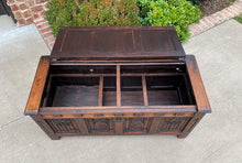 Load image into Gallery viewer, Antique French Trunk Blanket Box Coffee Table Oak Gothic Revival Strap Hinges