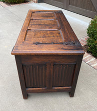 Load image into Gallery viewer, Antique French Trunk Blanket Box Coffee Table Oak Gothic Revival Strap Hinges