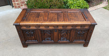 Load image into Gallery viewer, Antique French Trunk Blanket Box Coffee Table Oak Gothic Revival Strap Hinges