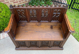 Antique French Bench Settee Banquette GOTHIC REVIVAL Entry Foyer Oak Petite 19C