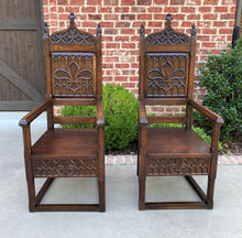 Load image into Gallery viewer, Antique French Arm Chairs SET OF 2 Gothic Revival Carved Oak Pegged 19th C