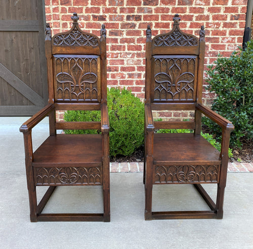 Antique French Arm Chairs SET OF 2 Gothic Revival Carved Oak Pegged 19th C