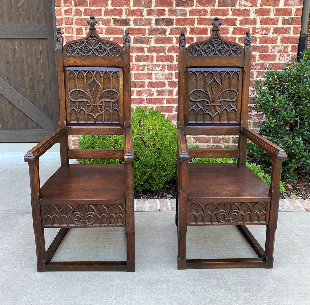 Antique French Arm Chairs SET OF 2 Gothic Revival Carved Oak Pegged 19th C