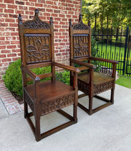 Load image into Gallery viewer, Antique French Arm Chairs SET OF 2 Gothic Revival Carved Oak Pegged 19th C