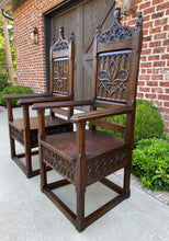 Load image into Gallery viewer, Antique French Arm Chairs SET OF 2 Gothic Revival Carved Oak Pegged 19th C