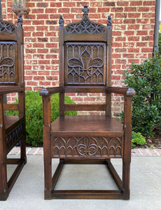 Antique French Arm Chairs SET OF 2 Gothic Revival Carved Oak Pegged 19th C