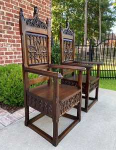 Antique French Arm Chairs SET OF 2 Gothic Revival Carved Oak Pegged 19th C