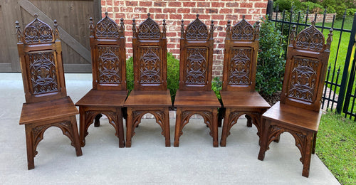 Antique French Chairs SET OF 6 Gothic Revival Oak Pegged Dining Side Chairs 19C