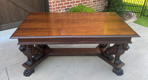 Antique French Table Desk LIONS Renaissance Revival Walnut Library Conference