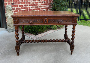 Antique French Desk Table Renaissance Revival Barley Twist Carved Oak 2 Drawers