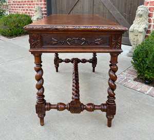 Antique French Desk Table Renaissance Revival Barley Twist Carved Oak 2 Drawers