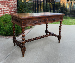 Antique French Desk Table Renaissance Revival Barley Twist Carved Oak 2 Drawers