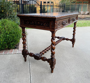 Antique French Desk Table Renaissance Revival Barley Twist Carved Oak 2 Drawers