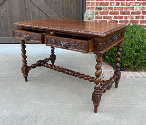 Antique French Desk Table Renaissance Revival Barley Twist Carved Oak 2 Drawers